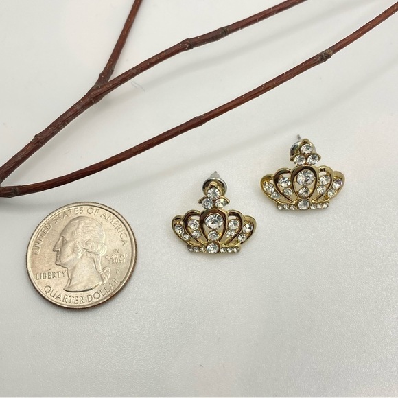 Queen Princess Crown Earrings Gold-Tone & Rhinestone Pierced Earrings - Picture 8 of 8